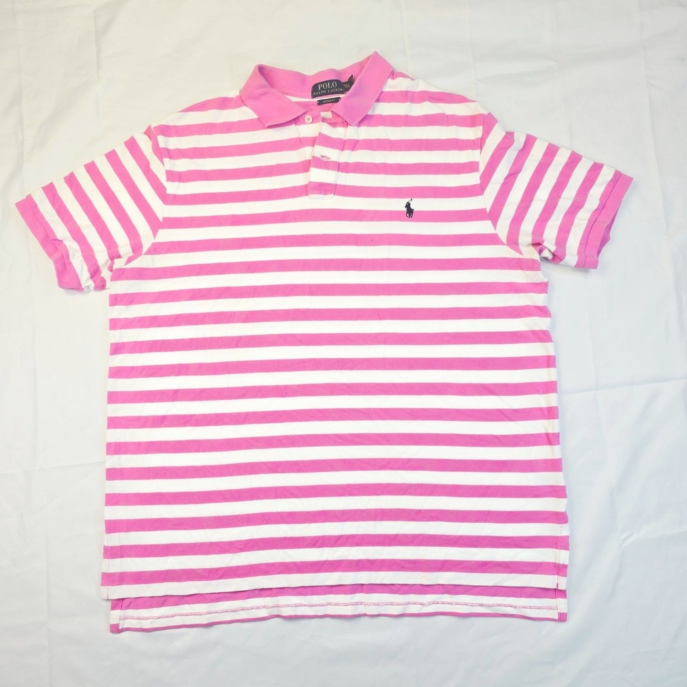 Polo Ralph Lauren Mens Custom Fit Polo Shirt XXL Pink White Striped Pony Logo J2